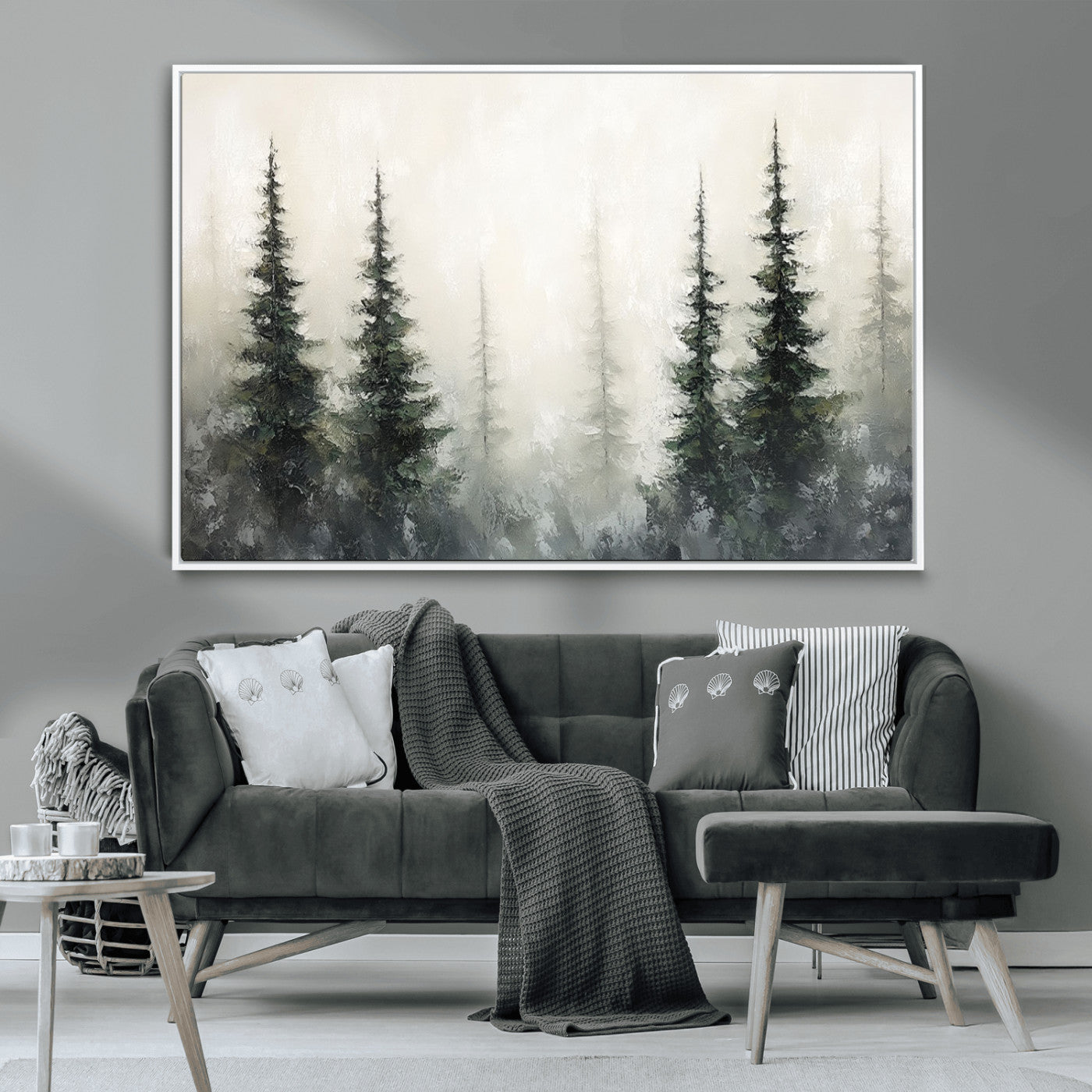 Soft and misty pine forest painting in neutral earthy tones, ideal for calm woodland or minimalist rustic home decor.