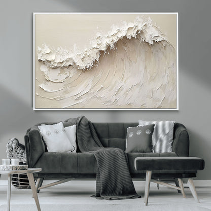 Textured canvas of an abstract white ocean wave in neutral tones, ideal for modern coastal or minimalist home decor.