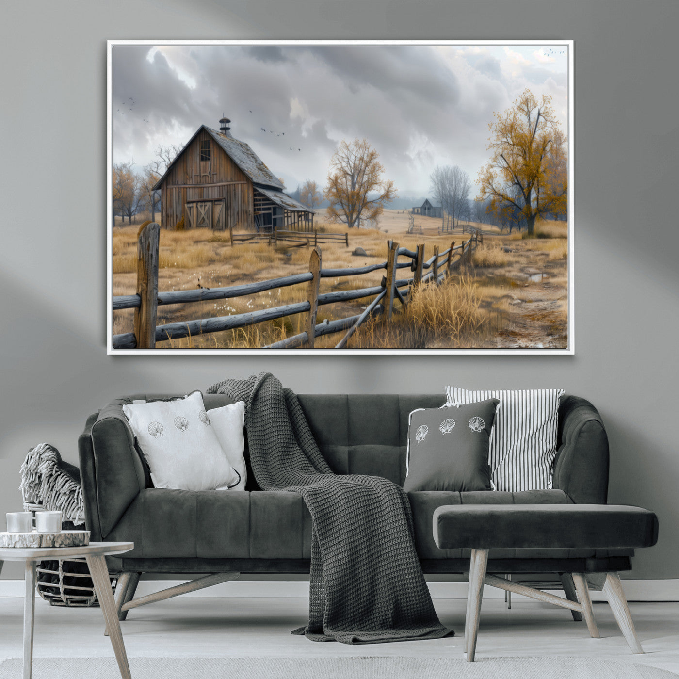 A tranquil rural scene featuring a rustic barn, overcast skies, and golden fields with scattered trees, evoking a sense of peaceful solitude in nature.