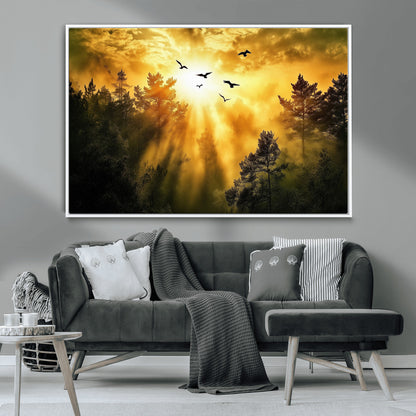 Canvas of a golden forest at sunset with birds flying through glowing sunbeams and silhouetted pine trees, ideal for warm-toned rustic decor.