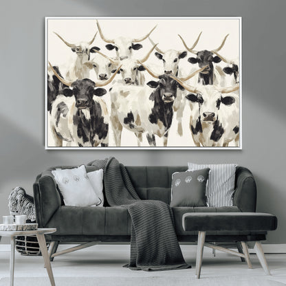 Canvas of a Texas Longhorn cattle herd in neutral black and white tones, ideal for rustic farmhouse or western-themed decor.