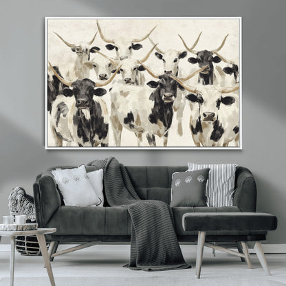 Canvas of a Texas Longhorn cattle herd in neutral black and white tones, ideal for rustic farmhouse or western-themed decor.