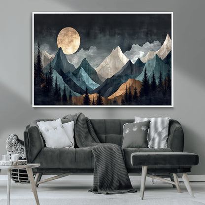 Stylized canvas of layered mountains under a full moon in neutral moody tones, ideal for nature-inspired or modern rustic interiors.