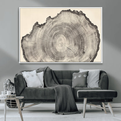 Detailed tree ring drawing in monochrome tones, ideal for rustic or nature-inspired interiors with a minimal decor aesthetic.