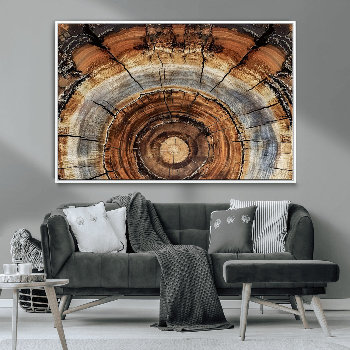 Canvas of tree rings and natural wood grain in earthy tones, ideal for rustic or vintage-inspired home decor with organic textures.