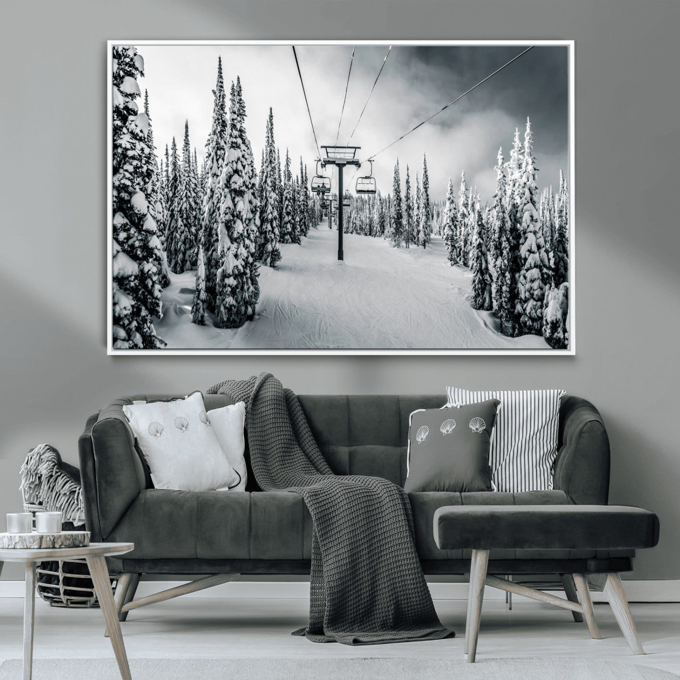 Canvas of a snowy ski lift scene through a forest of tall pine trees, ideal for moody winter or alpine-themed home decor.