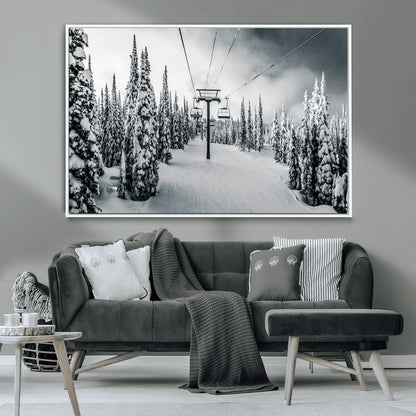 Canvas of a snowy ski lift scene through a forest of tall pine trees, ideal for moody winter or alpine-themed home decor.