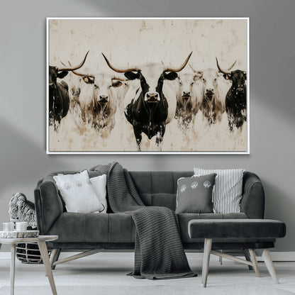 Illustrated herd of longhorn cattle in black and white tones with a neutral textured background, perfect for rustic or farmhouse-style decor.