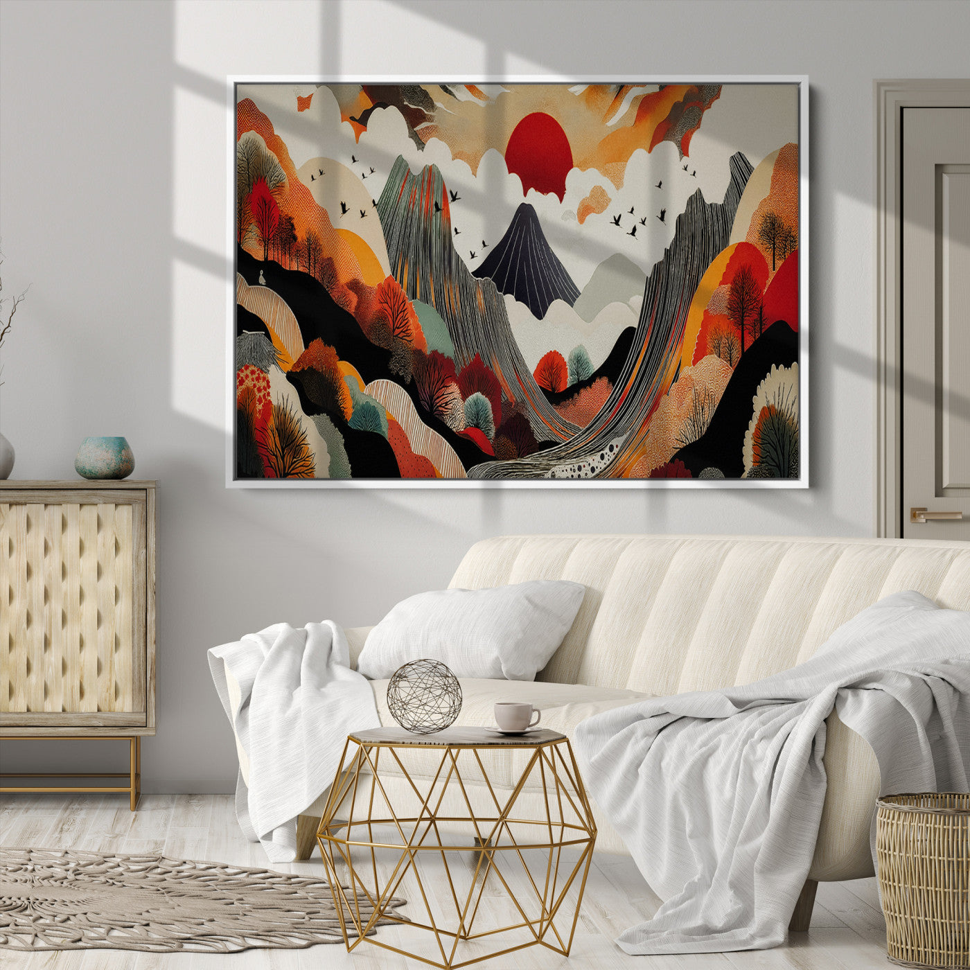 Abstract Mountain Wall Art Canvas Print, Vibrant Landscape Print, Framed Stylized Nature Drawing Art Print, Large Sunset Mountains Printing Perfect for Contemporary Minimalist Decor