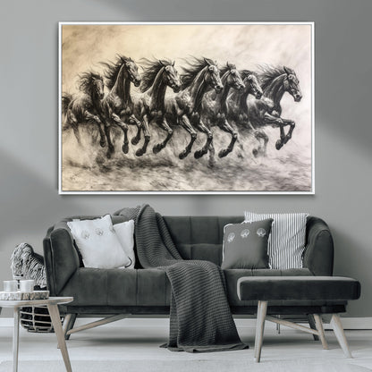 Monochrome drawing of a herd of galloping horses, perfect for dynamic and wild-themed decor in any equestrian or nature-inspired room.