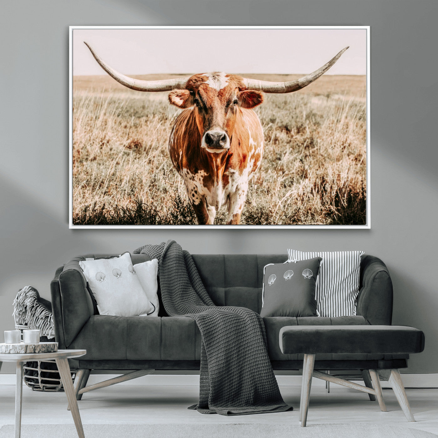 Framed longhorn cow canvas wall art with rustic prairie background, western animal print perfect for farmhouse or ranch style decor