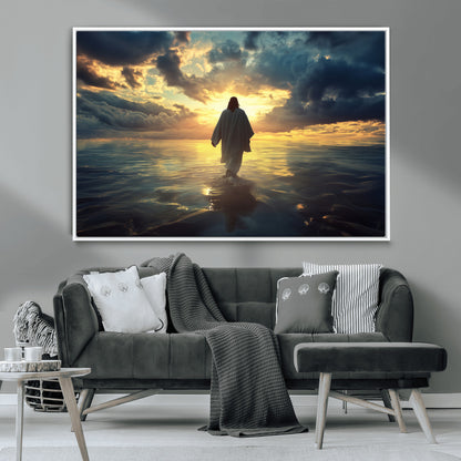Spiritual artwork of Jesus walking on water at golden hour with divine light, ideal for Christian home decor or prayer room.
