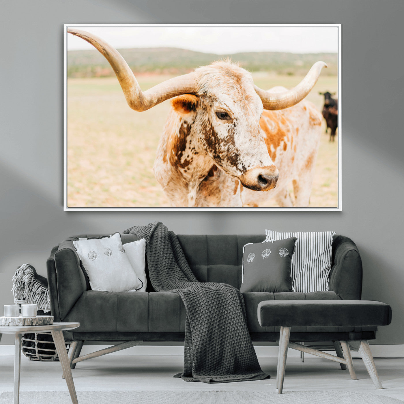 Close-up of a speckled Texas Longhorn in warm prairie tones, perfect for rustic western or countryside-themed room decor.