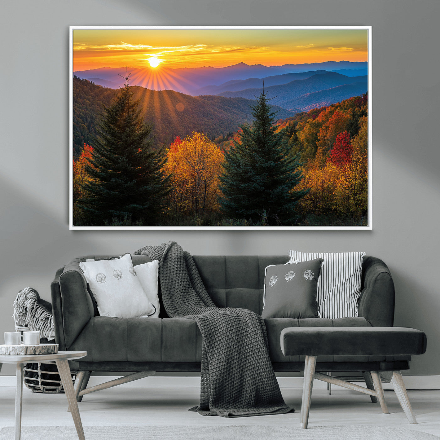 Vibrant sunset over autumn mountains with colorful trees and warm light, ideal for nature lovers or cabin-style wall decor.