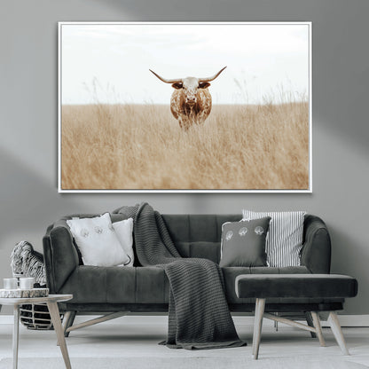 Texas Longhorn bull standing alone in dry grass with neutral tones, ideal for rustic western or cowboy-themed wall decor.