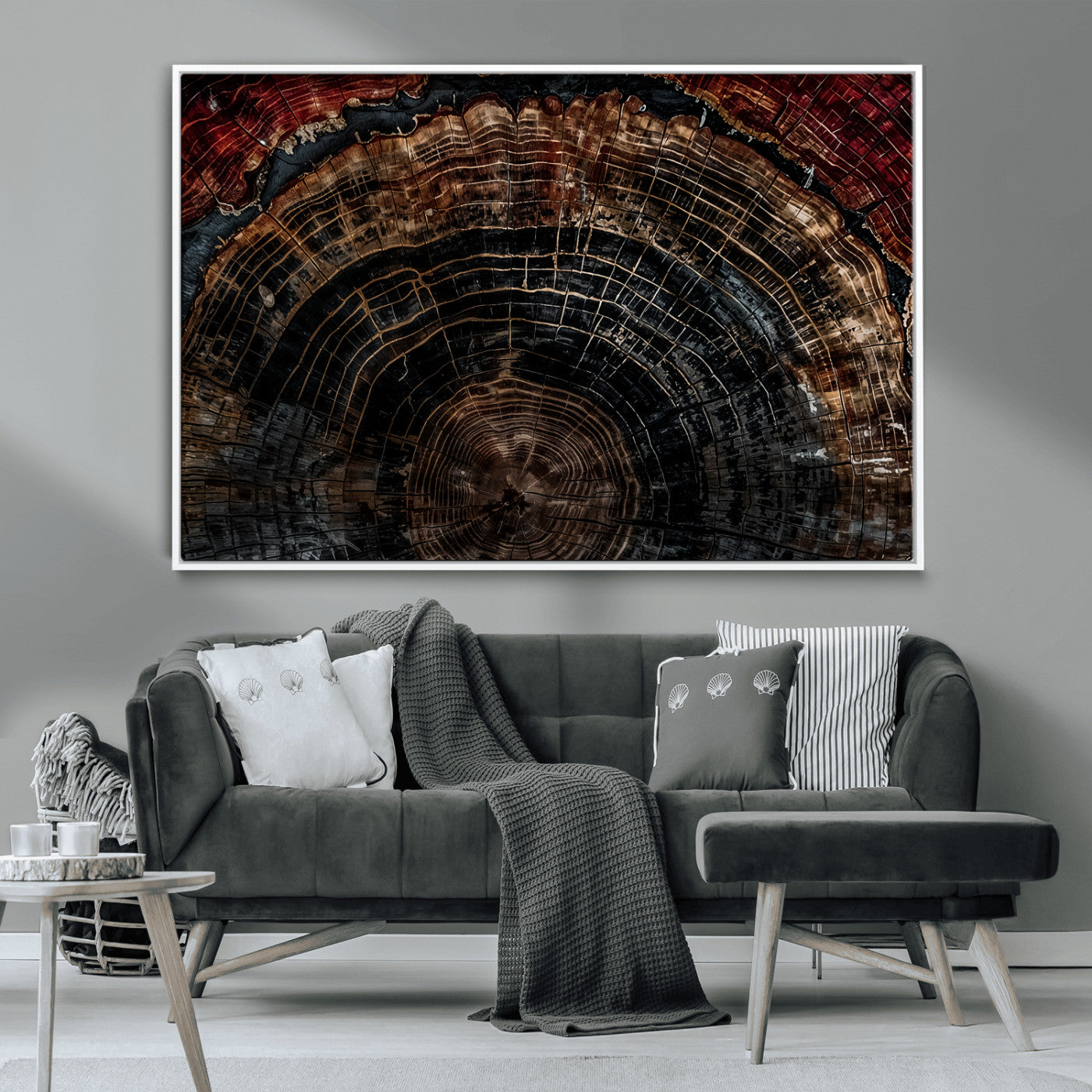 Dark Wood Wall Art Print - Petrified Tree Canvas Print, featuring an intricate tree ring pattern with deep earthy tones and organic textures, perfect for rustic and nature-inspired decor.