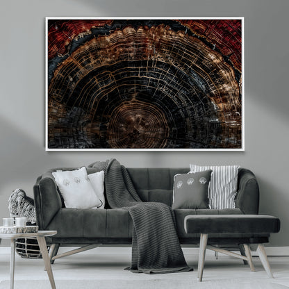 Dark Wood Wall Art Print - Petrified Tree Canvas Print, featuring an intricate tree ring pattern with deep earthy tones and organic textures, perfect for rustic and nature-inspired decor.