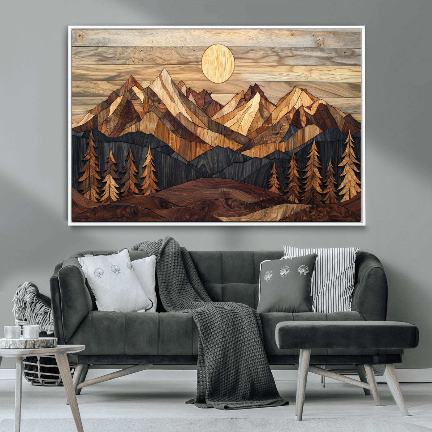 Mountain Landscape Wall Art Print - Sunset Hills Canvas Print, featuring an abstract nature scene with earthy tones and misty peaks, perfect for boho and modern decor.