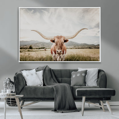 Longhorn Wall Art Print - Western Cow Canvas Print, featuring a majestic Texas longhorn in a rustic prairie setting, perfect for farmhouse and western decor.