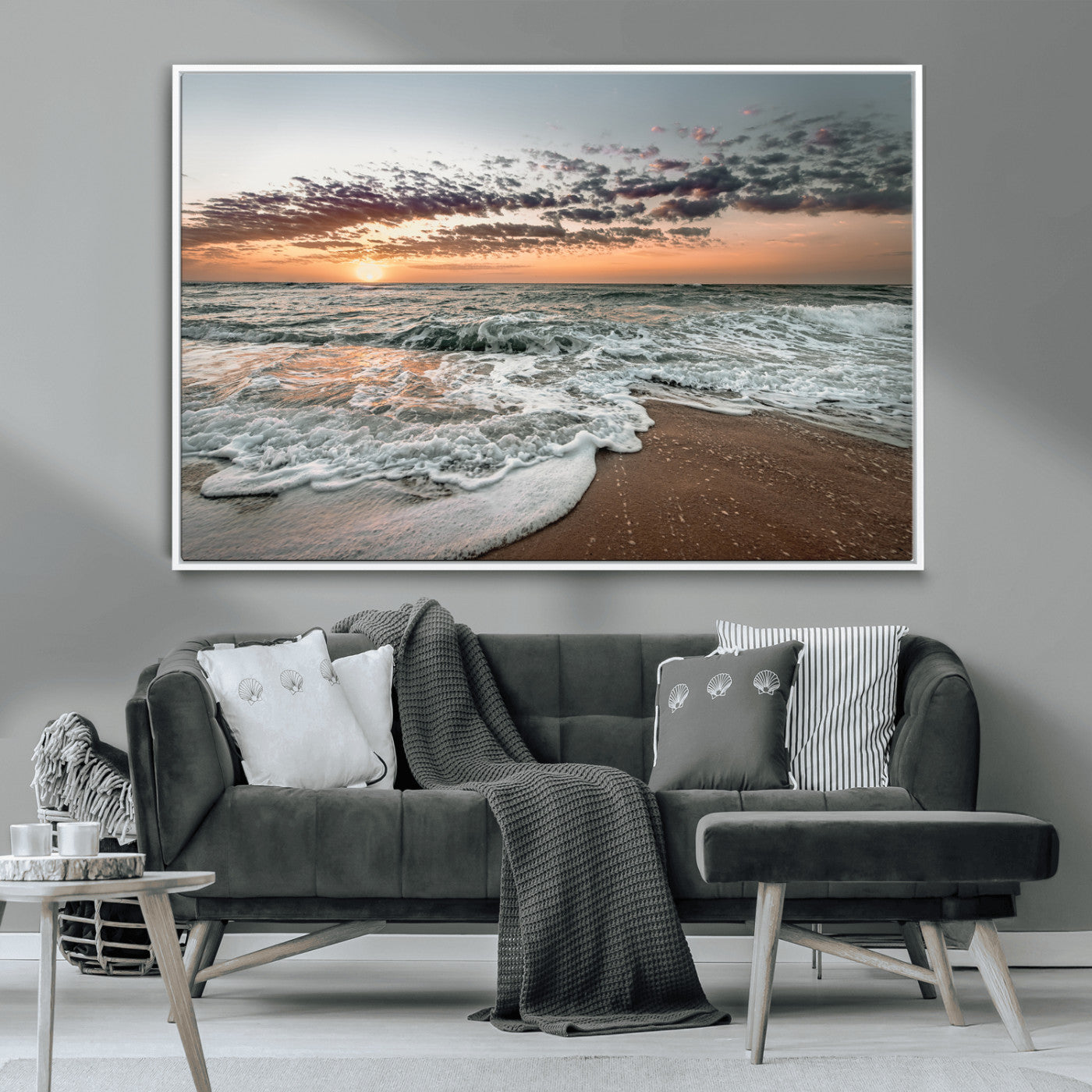 Ocean Sunset Wall Art Print - Beach Waves Canvas Print, featuring a serene seascape with golden sunlight reflecting on gentle waves, perfect for coastal and minimalist decor.