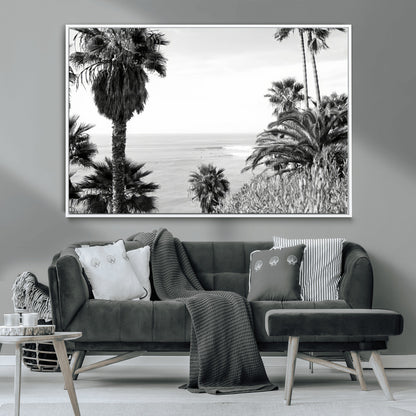 Monochrome canvas of palm trees framing a coastal surf scene, perfect for California-inspired or retro black-and-white beach decor.