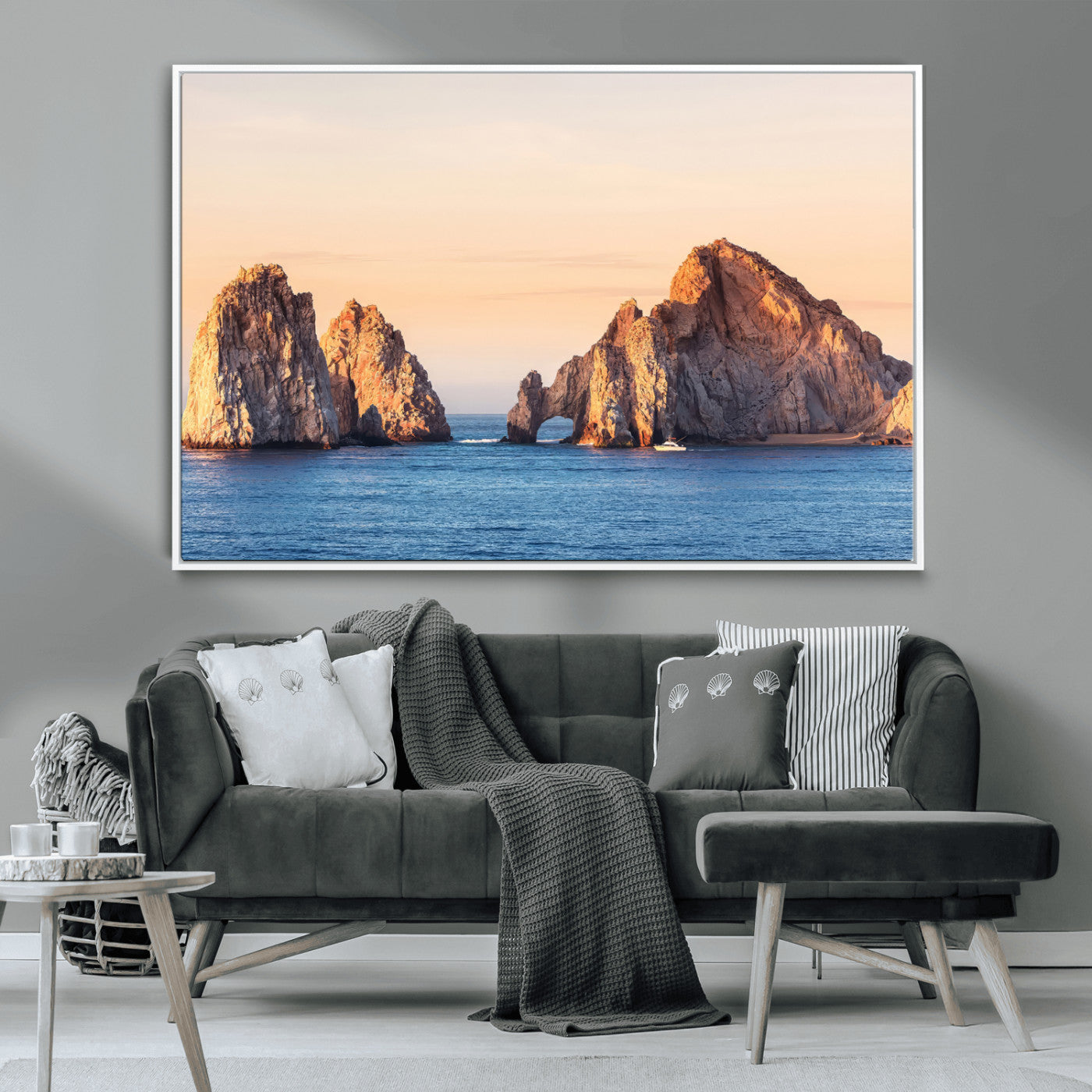 Framed canvas of El Arco rock formation in Cabo San Lucas at golden hour, ideal for coastal landmark or ocean-inspired decor.