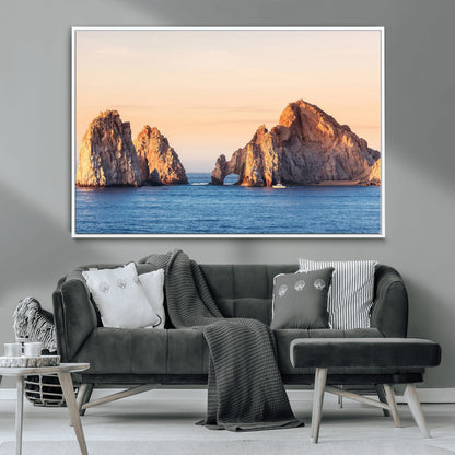 Framed canvas of El Arco rock formation in Cabo San Lucas at golden hour, ideal for coastal landmark or ocean-inspired decor.