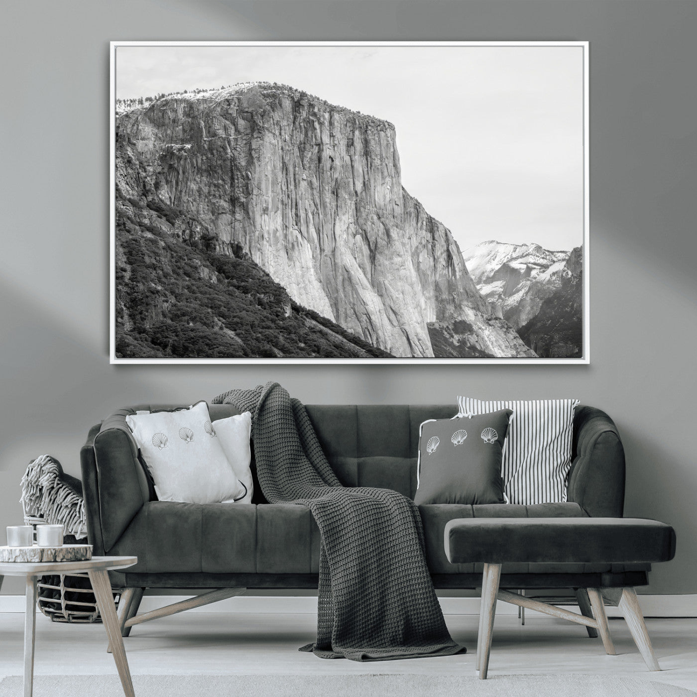 Monochrome canvas of El Capitan’s granite wall in Yosemite with snowy peaks, ideal for dramatic mountain or black-and-white nature decor.