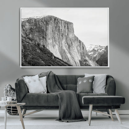 Monochrome canvas of El Capitan’s granite wall in Yosemite with snowy peaks, ideal for dramatic mountain or black-and-white nature decor.
