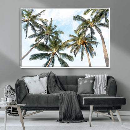 Framed canvas of tall palm trees reaching into a tropical sky, ideal for beach home or relaxed island-inspired wall decor.