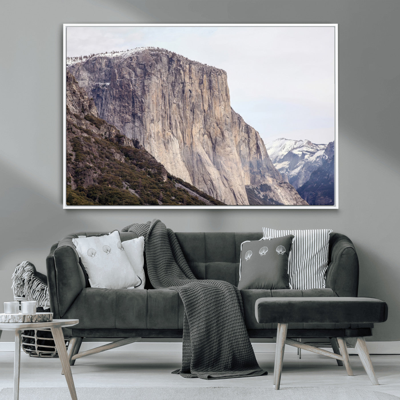 Framed canvas of El Capitan’s vertical granite face in Yosemite with snowy peaks, ideal for Sierra minimalism or mountain-inspired decor.