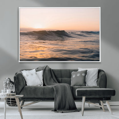 Framed canvas of ocean waves glowing in sunset light, ideal for golden hour calm or peaceful coastal-inspired wall decor.