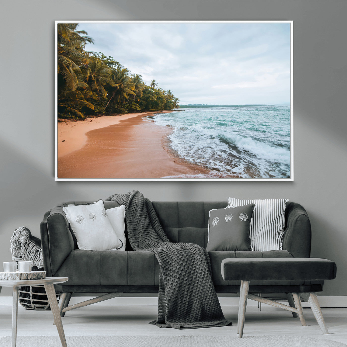 Framed canvas of a tropical beach with palm trees and soft waves, ideal for coastal escape or serene nature-inspired home decor.