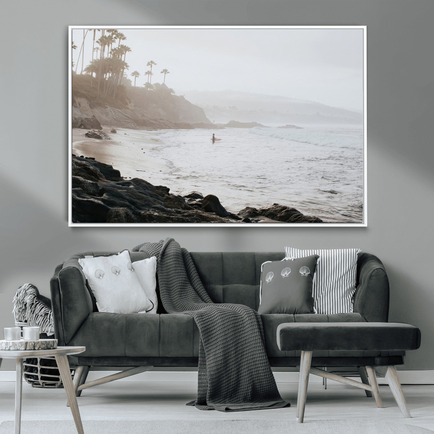 Framed canvas of a surfer in misty coastal tones at a foggy California beach, ideal for minimalist coastal beach or serene ocean-themed decor.