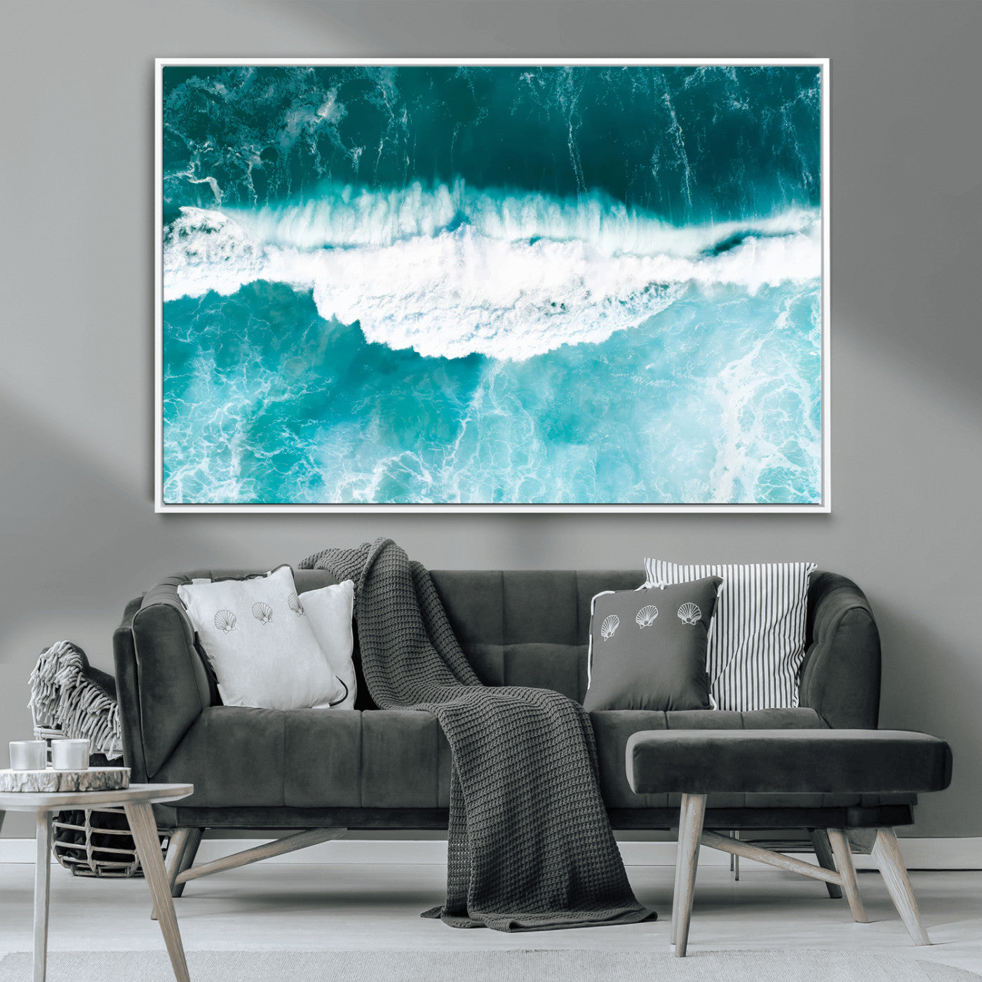 Aerial view of turquoise ocean waves crashing with white foam, perfect for tropical coastal or modern beach-style home decor.