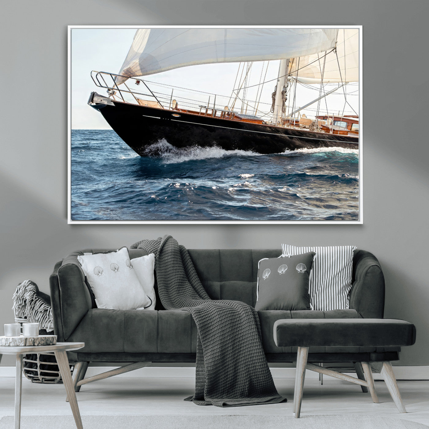 Close-up of a classic sailing yacht with wooden deck and full sails, perfect for nautical or coastal-style decor in ocean-themed spaces.