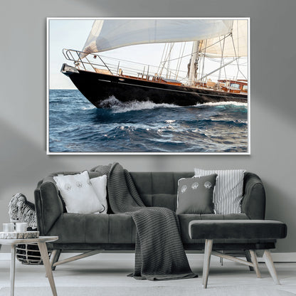 Close-up of a classic sailing yacht with wooden deck and full sails, perfect for nautical or coastal-style decor in ocean-themed spaces.