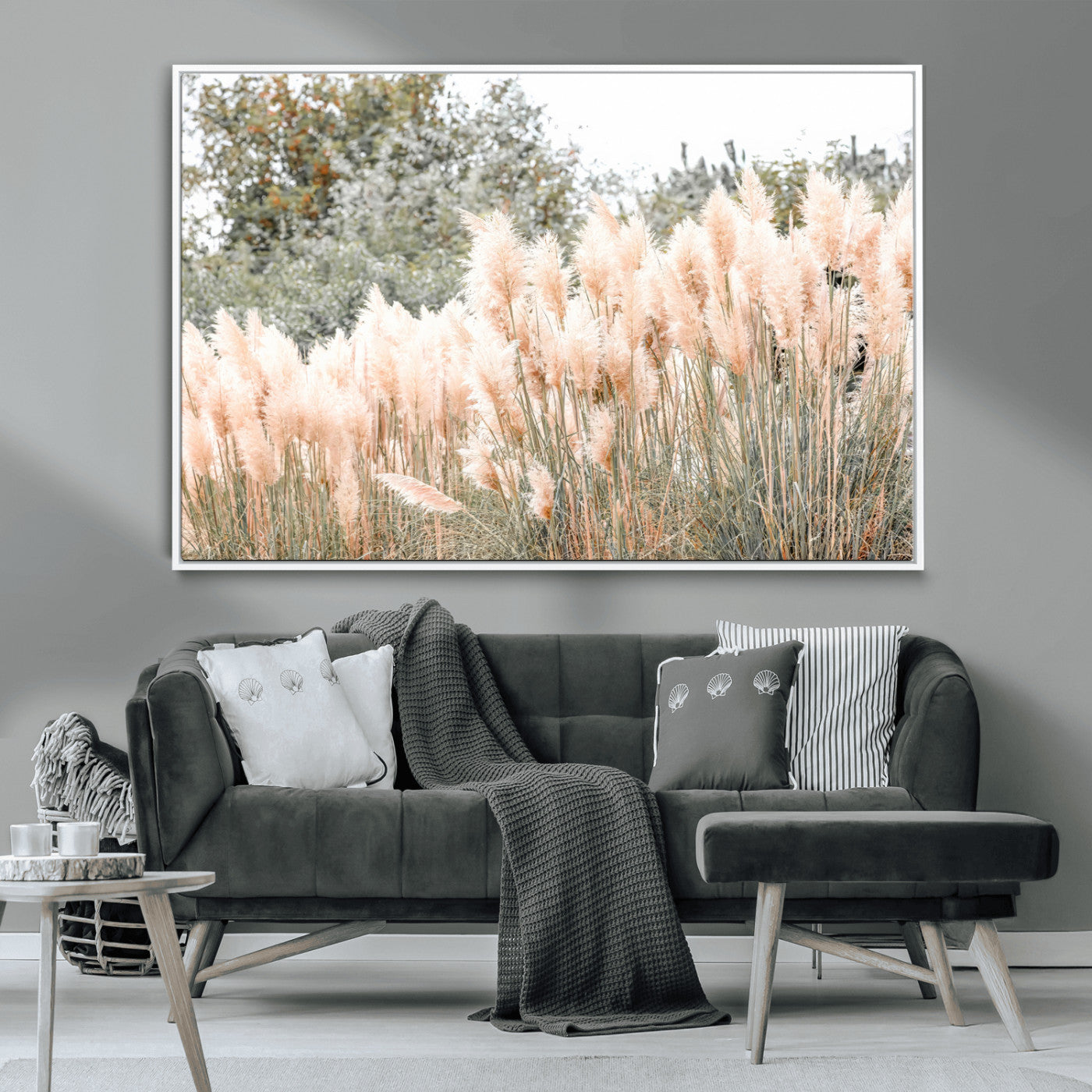 Soft pastel pampas grasses in a natural setting, ideal for neutral boho or rustic botanical-style interior wall decoration.