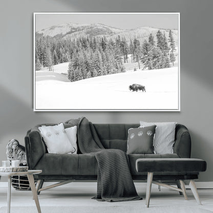 Snowy bison walking through white forest landscape, ideal for monochrome winter or wilderness-style interior wall decoration.