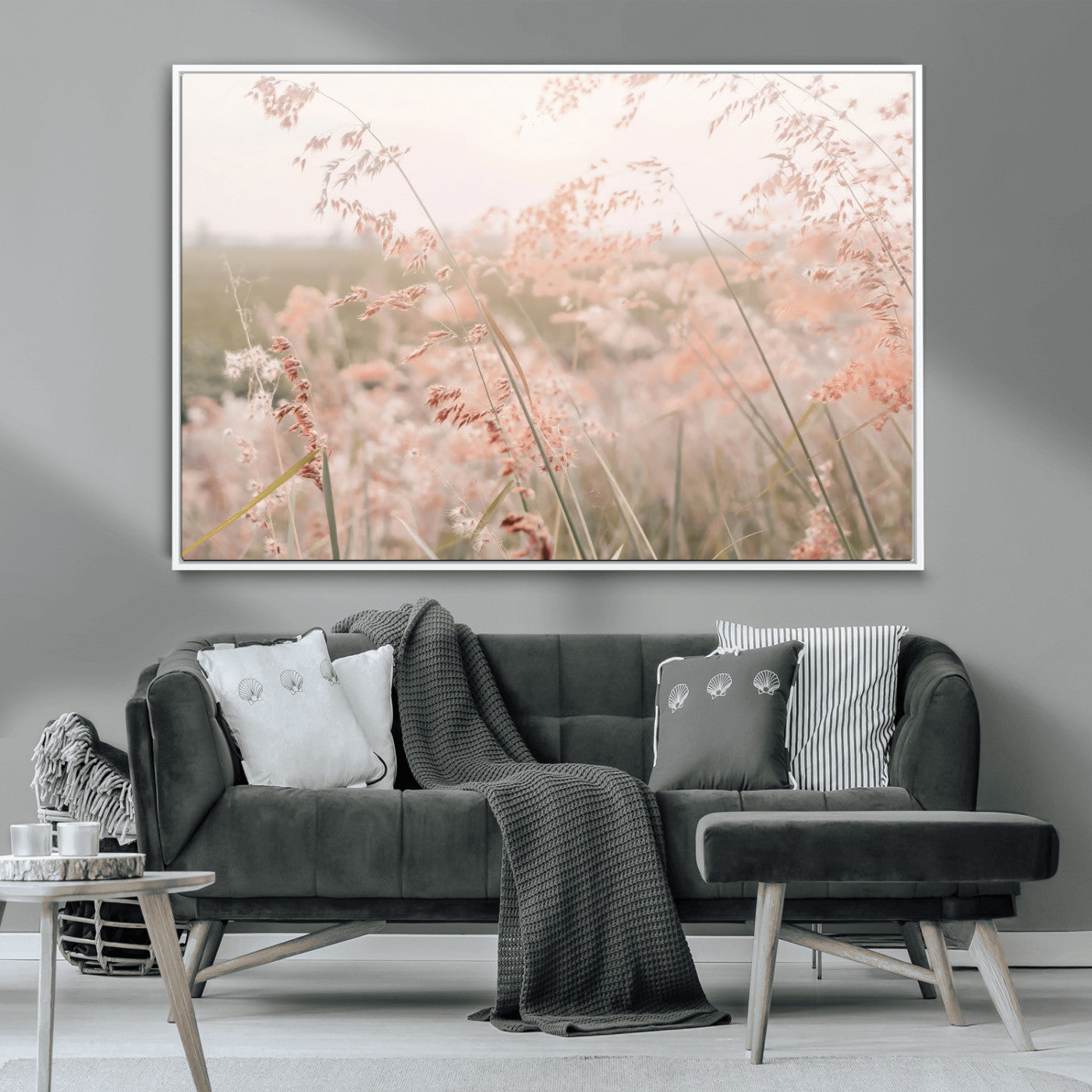 Soft pastel field with wild grasses in warm light, ideal for minimal nature or airy countryside-inspired interior wall decoration.