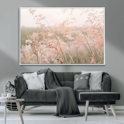 Soft pastel field with wild grasses in warm light, ideal for minimal nature or airy countryside-inspired interior wall decoration.