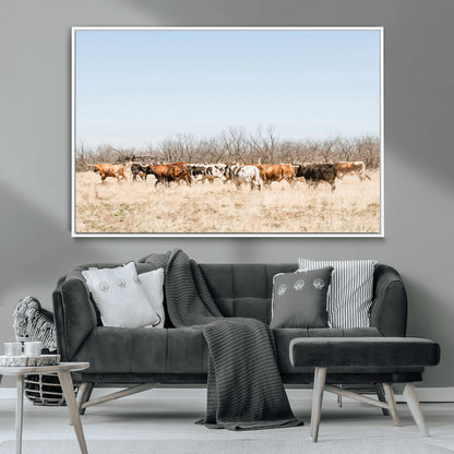 Framed wall art of Texas longhorn cattle walking through a dry, neutral-toned prairie, perfect for rustic farmhouse or western-themed home decor.