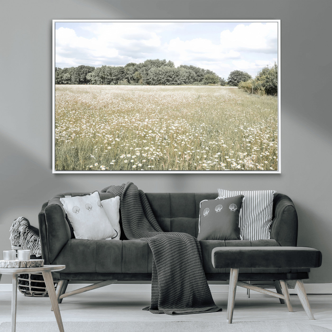 Soft-toned image of a wild daisy field under a cloudy sky, ideal for neutral or Scandinavian-inspired home decor.