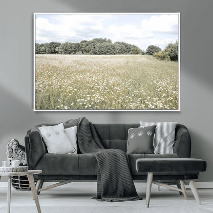Soft-toned image of a wild daisy field under a cloudy sky, ideal for neutral or Scandinavian-inspired home decor.