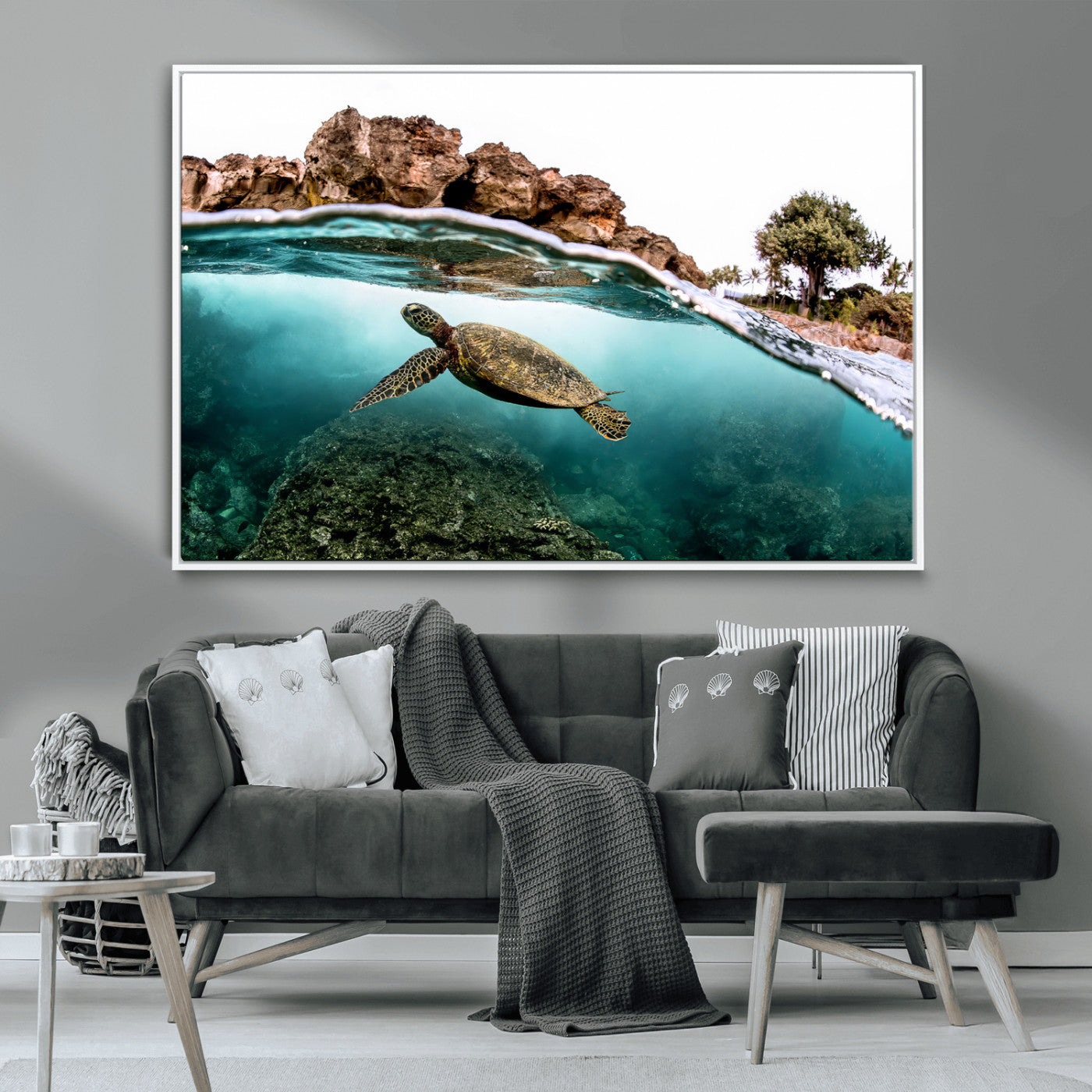 Dynamic split-view photo of a sea turtle swimming near rocky shores, perfect for vibrant coastal or tropical beach home decor.