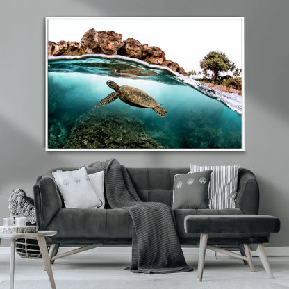Dynamic split-view photo of a sea turtle swimming near rocky shores, perfect for vibrant coastal or tropical beach home decor.