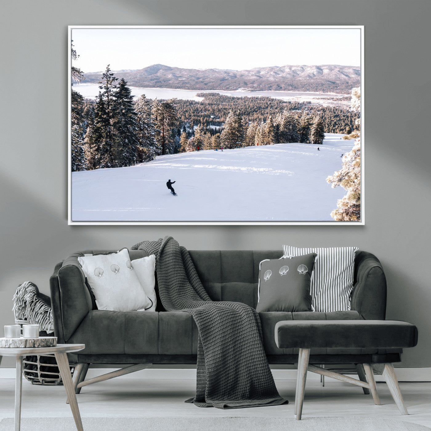 Canvas of a snowy mountain ski slope with pine trees and bright winter light, ideal for modern rustic or alpine-inspired home decor.