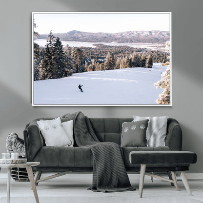 Canvas of a snowy mountain ski slope with pine trees and bright winter light, ideal for modern rustic or alpine-inspired home decor.