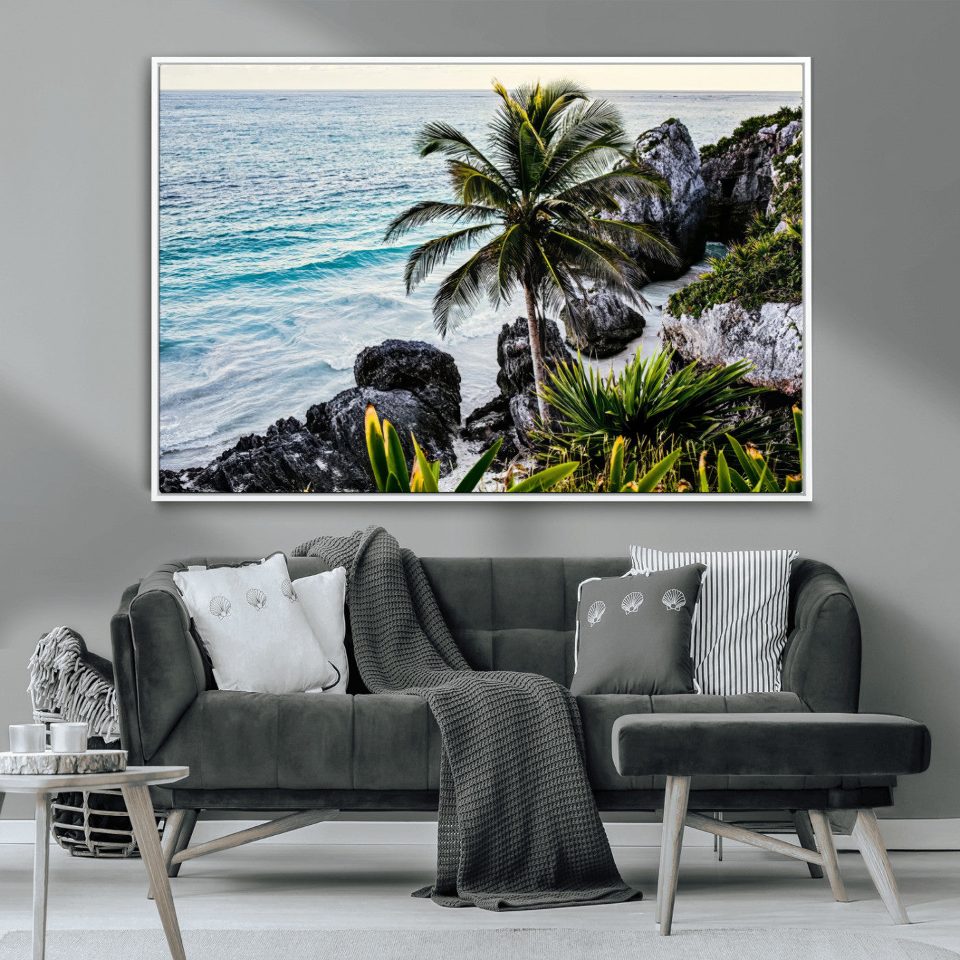 Framed canvas of a vibrant tropical coastline with palm trees, rocky cliffs, and turquoise waters, ideal for tropical coastal home decor.