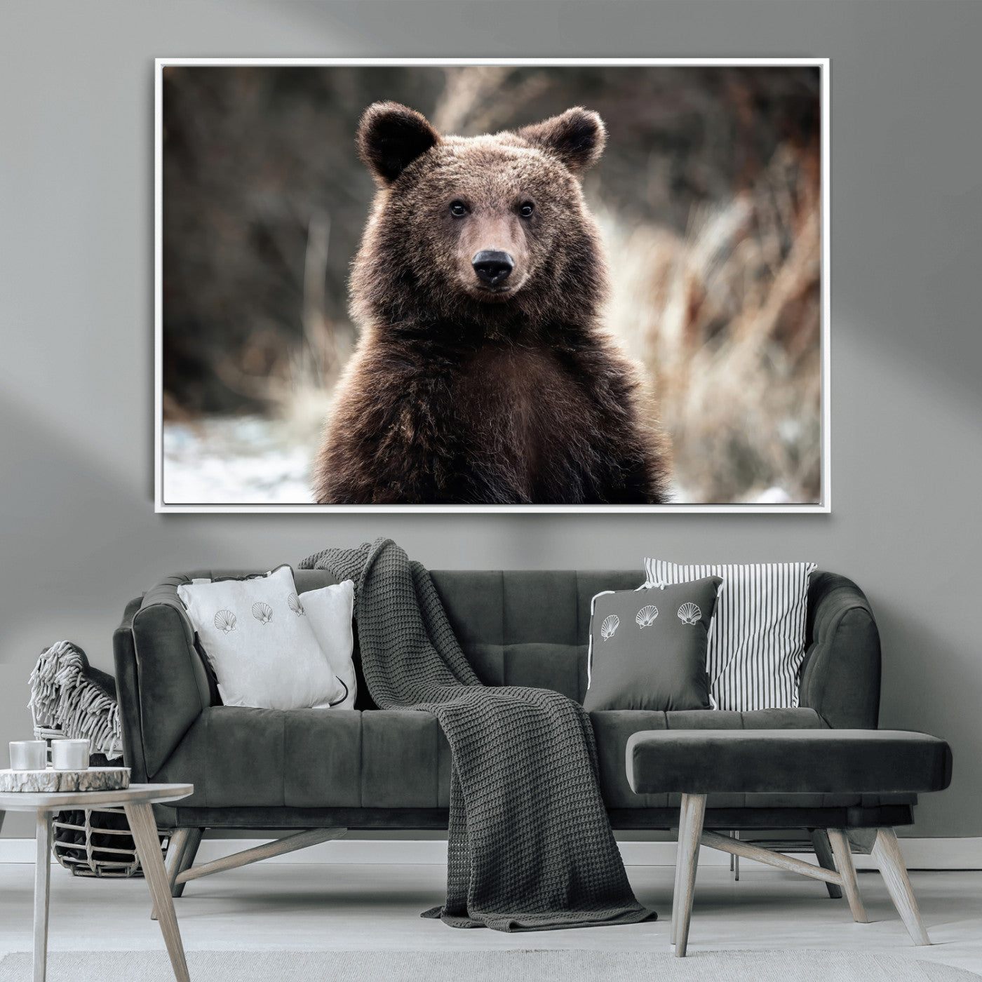 Canvas of a brown bear in soft earthy tones and moody forest light, ideal for rustic cabin or woodland nature-themed home decor.